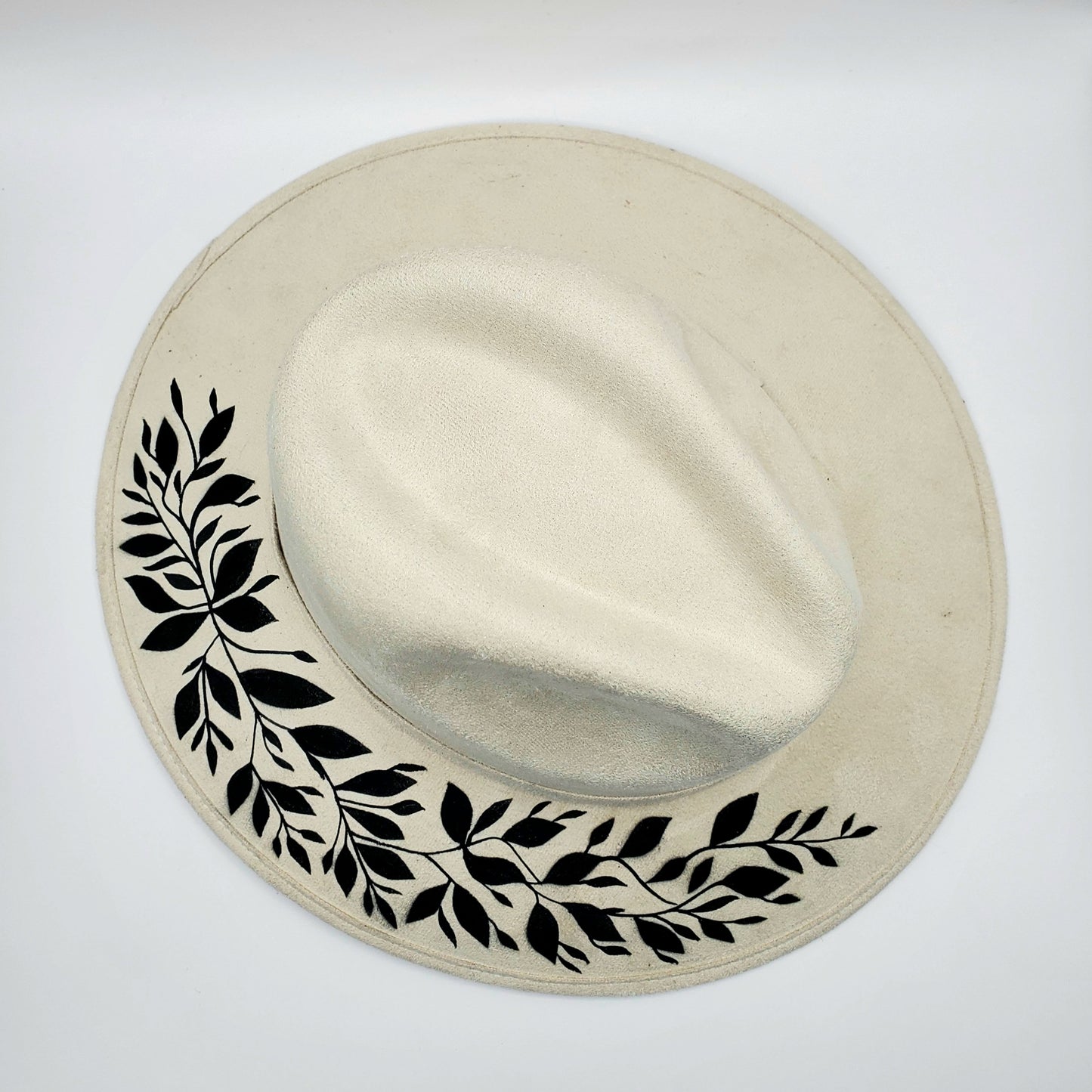 Hand Painted Suede Hat - Black Leaves