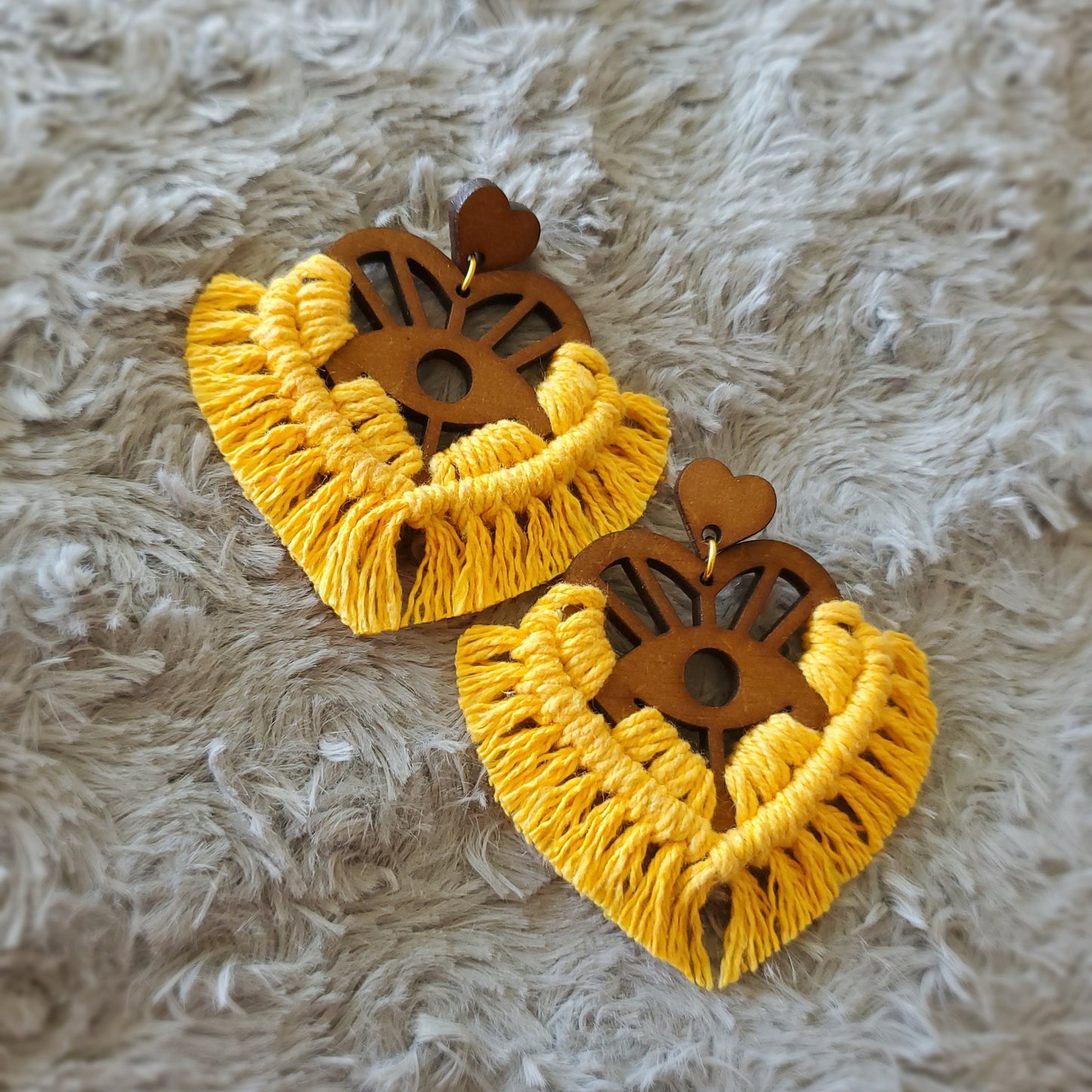 Laser cut wood and macrame earrings "HEARTS"